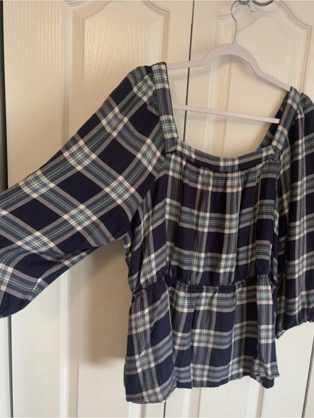 Lane Bryant Navy and White Plaid Peasant Top - Picture 2 of 5